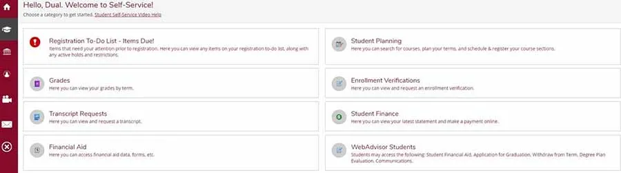 screenshot of the self-service page with options including Student Finance