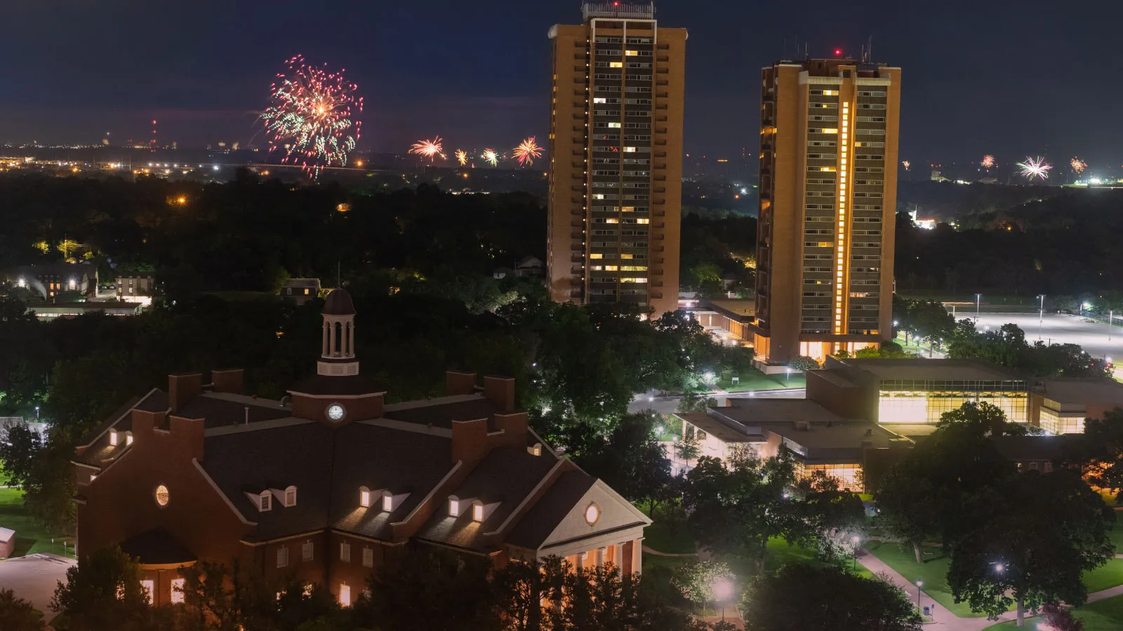 TWU's Denton Campus with Fireworks in the Background