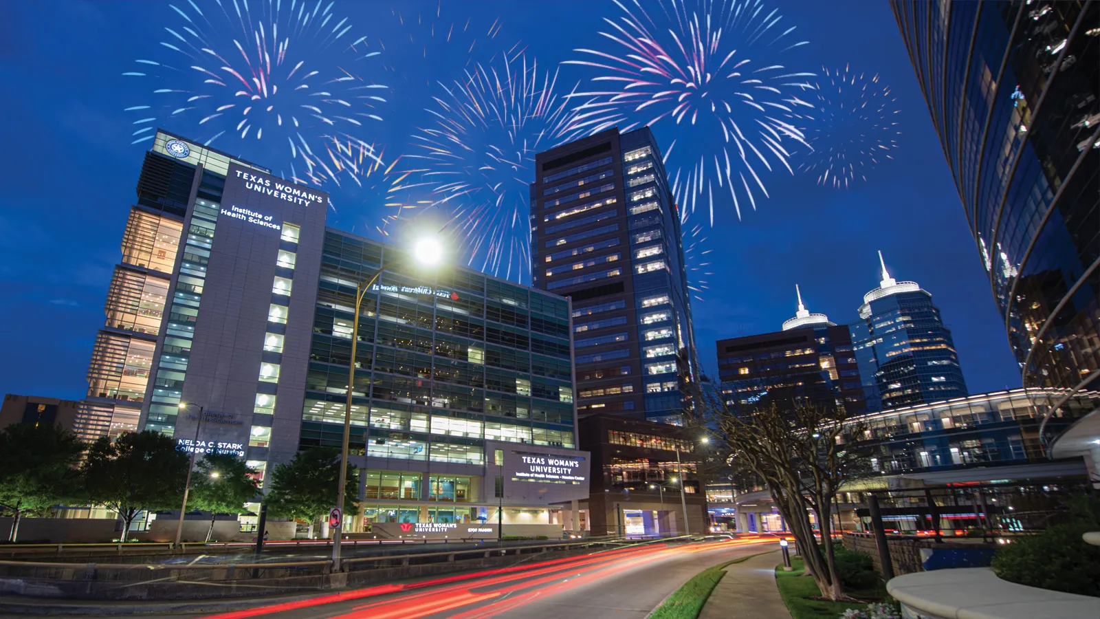 TWU's Houston Campus in the Evening with Fireworks