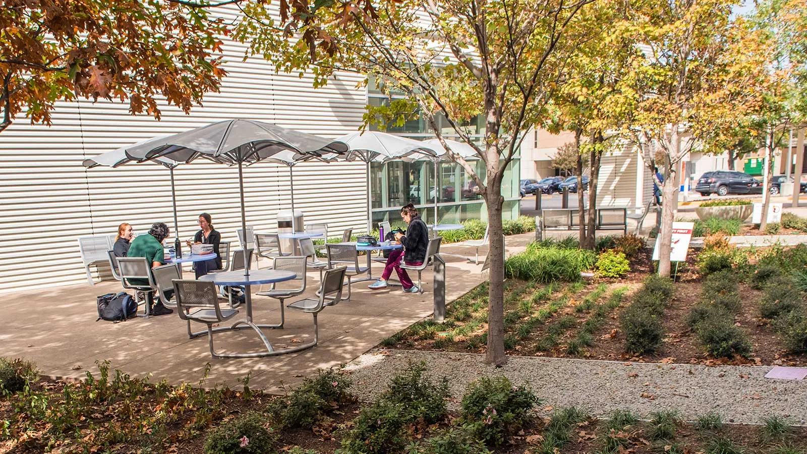 A Group of TWU Students Sitting outside at Tables