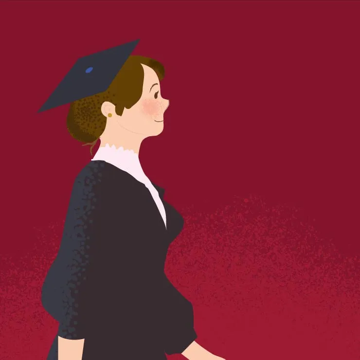 An illustrative drawing of TWU's first graduate Beulah Kincaid Fry in adademic regalia