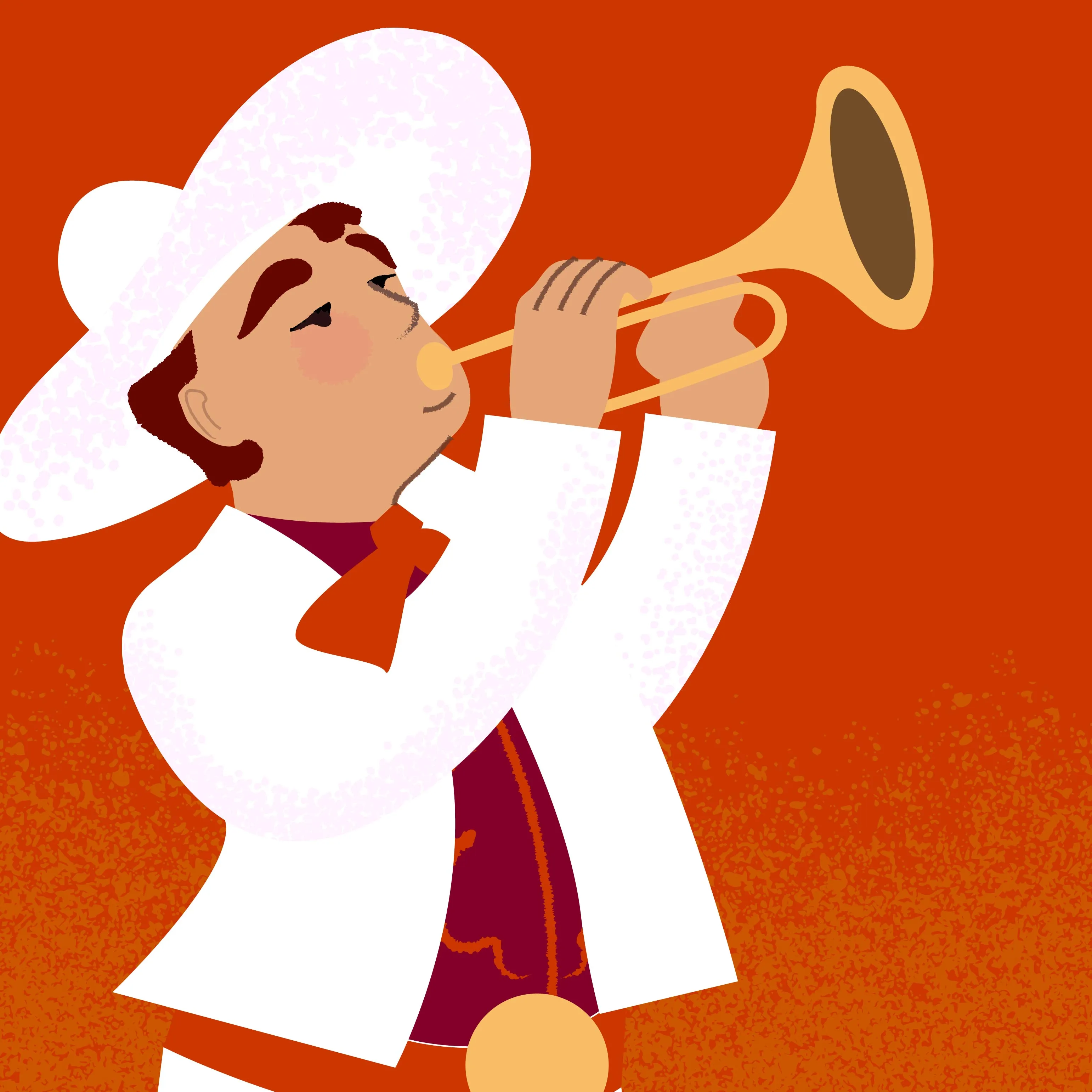 An illustration of a man in a Mariachi music uniform and playing a trumpet.