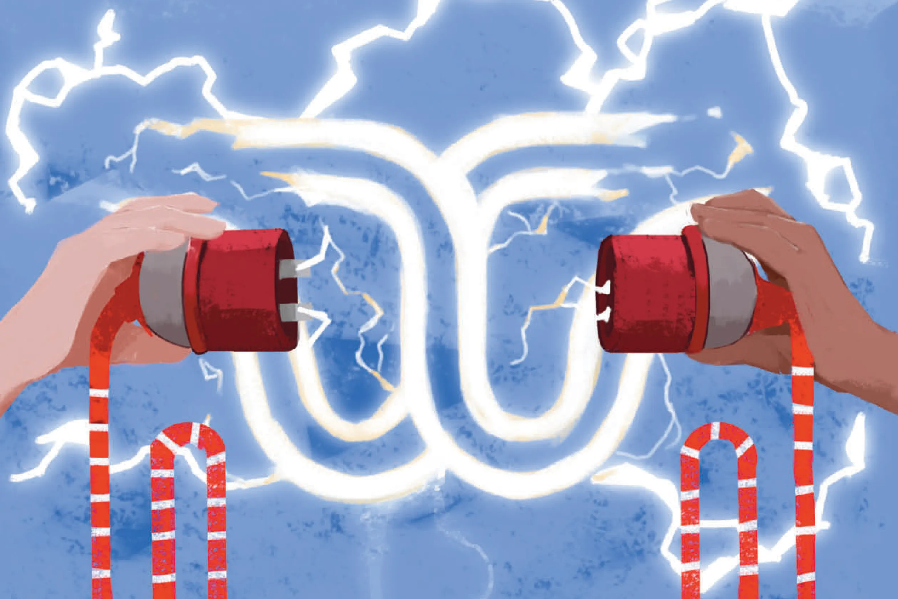 An illustrated image of the TWU Logo mark with an electrical plug being plugged in and electricity in the background