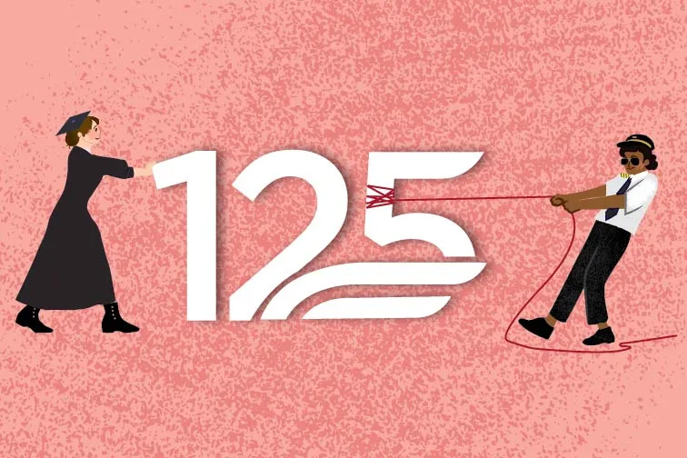 An illustration of Beulah Kincaid Fry on the left, a big 125 in the middle, and a TWU aviation student in a pilot uniform on the right.