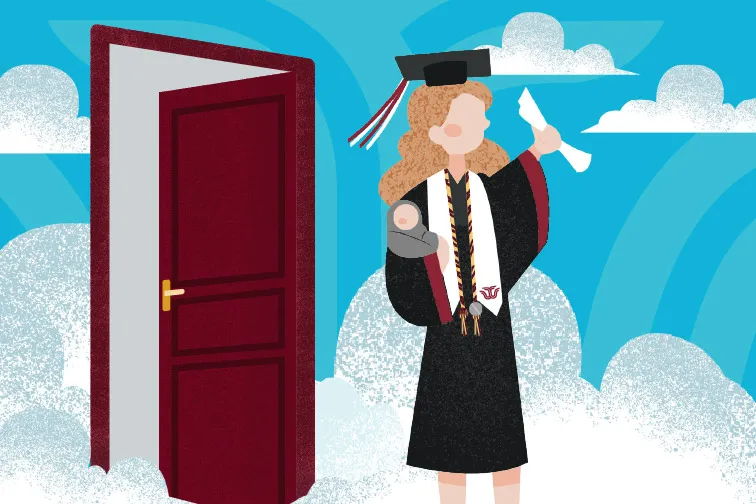 An illustration cloud background with a maroon door opening and a TWU graduate holding a baby walks out.