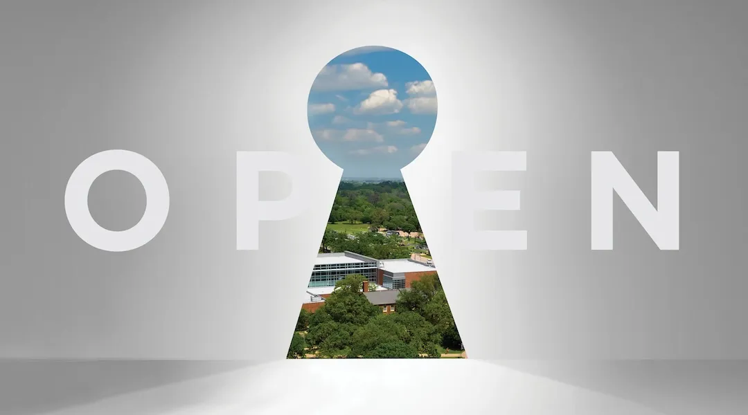 A keyhole graphic inset with a photo of Texas Woman's University Denton campus and text that reads 'Open' 