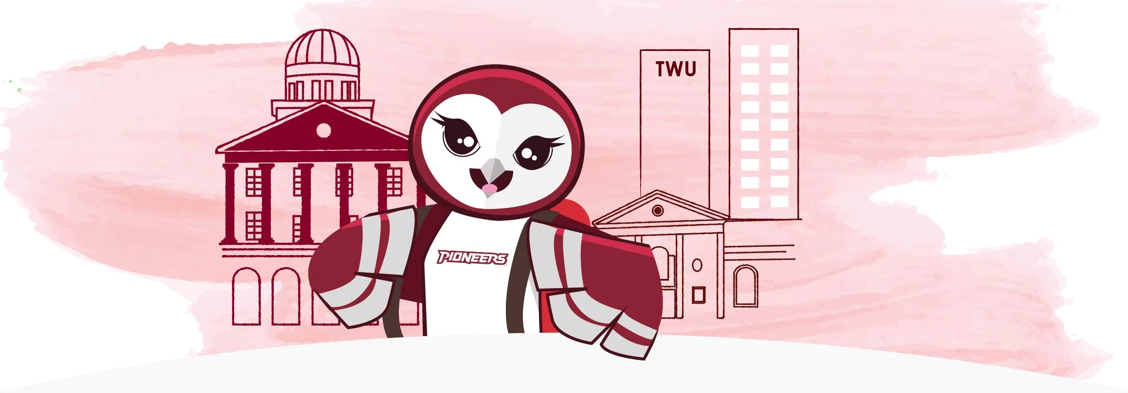 An illustration of Oakley wearing a backpack with a skyline of the TWU Denton campus.