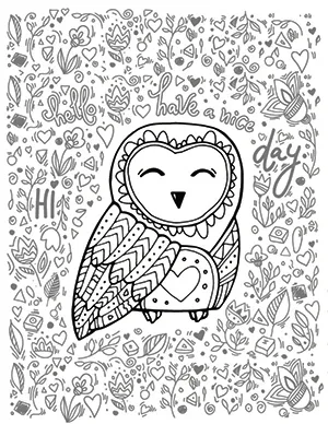 A barn owl coloring sheet with floral designs around it.