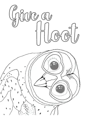 A barn owl coloring sheet with Give a Hoot text on the top.