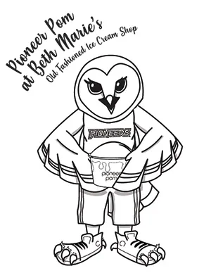 Coloring sheet with Oakley holding Pioneer Pom ice cream.