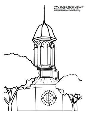 An outline of the TWU library cupola coloring sheet.