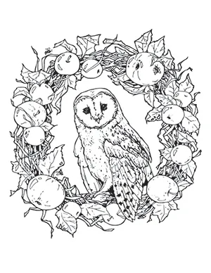 A barn owl coloring sheet resting on a decorated wreath.