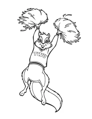 A squirrel with pompoms and a TWU sweater coloring sheet.