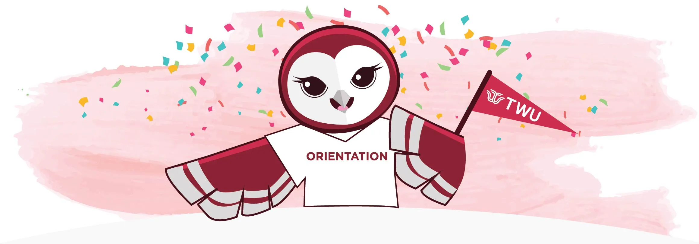 An illustration of Oakley wearing an Orientation shirt and holding a pennant.