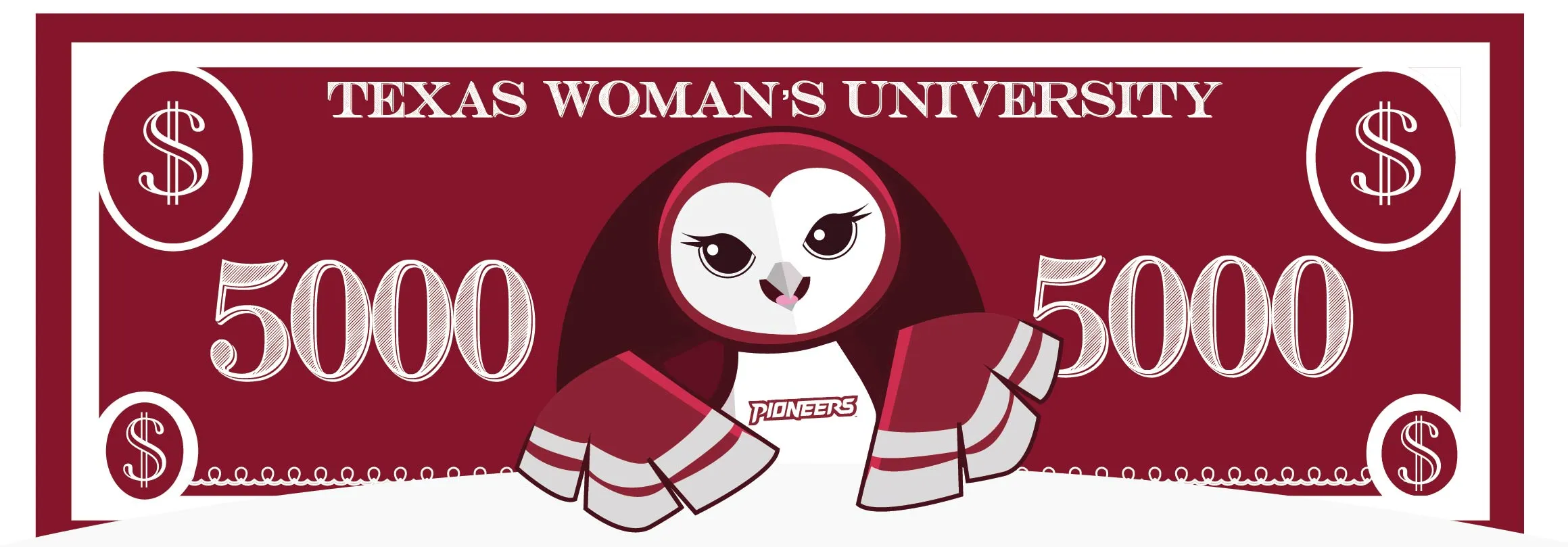 An illustration of Oakley of a TWU themed dollar bill to symbolize scholarships.