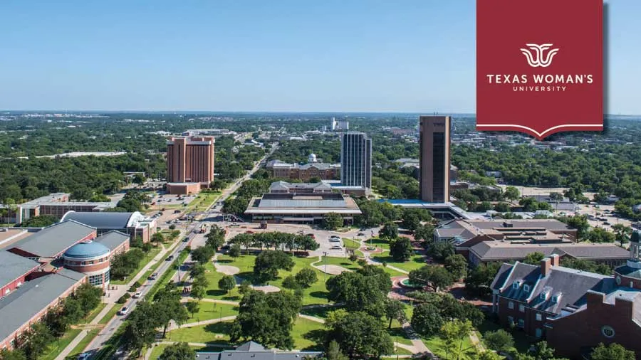 TWU Denton campus skyline with a maroon banner and TWU logo in the top right.
