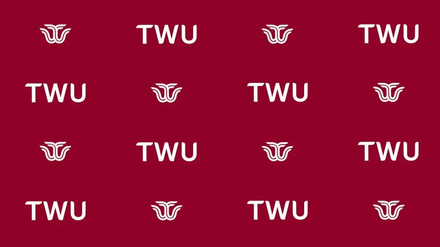 A maroon rectangle with the TWU logo mark in a pattern.