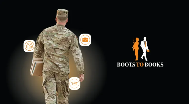 the Boots2Books logo with a photo of a uniformed military member walking forward confidently holding books.