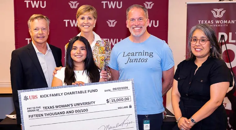 Student awardee poses with a big check surrounded by TWU and Kick staff. Tim Kick of the Kick Family Charitable Fund; Yesenia Avila, Momentous School alumna and scholarship recipient; TWU Chancellor Carine Feyten; Momentous School Principal Andy Hagman; Momentous Institute Executive Director Dr. Jessica Gomez.