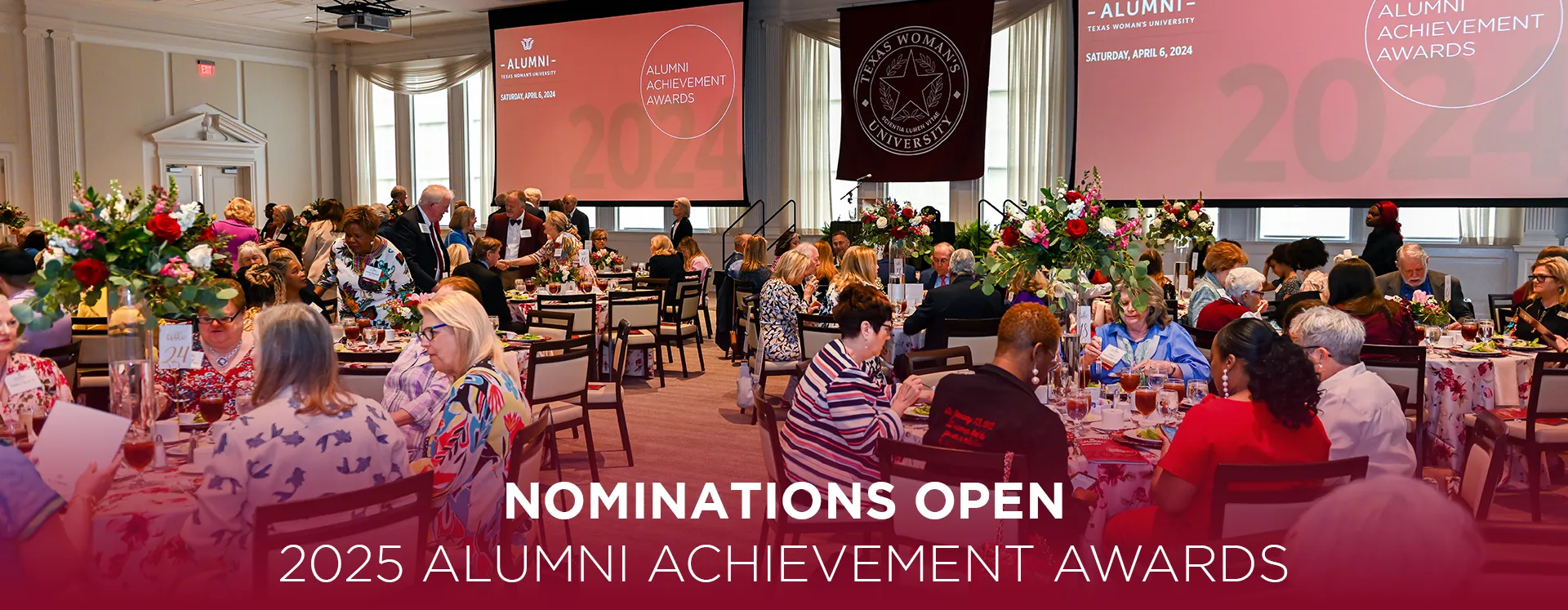 A photo of the 2024 AAA reception as guests sit down to a plated lunch. Flowers decorate the tables and two screens in the back have the Alumni Awards logo. Text over the photo reads 