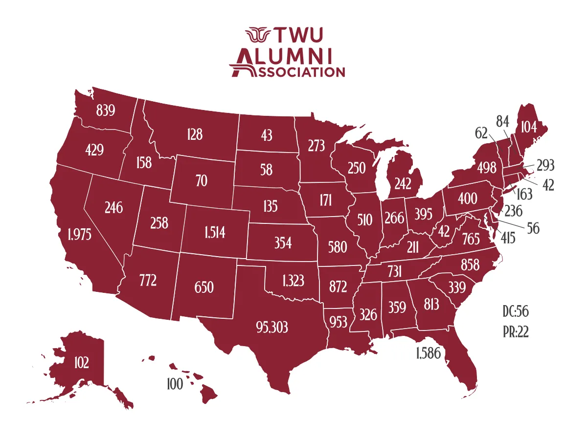 Graphic of the United States map with number of alumni in that state.