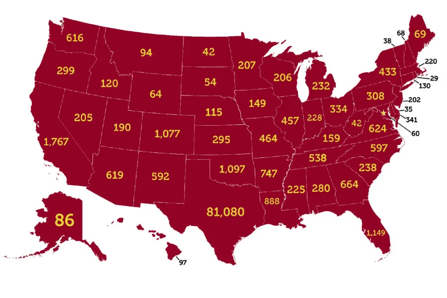 A map of the United States displaying how many TWU alumni live in each state. 