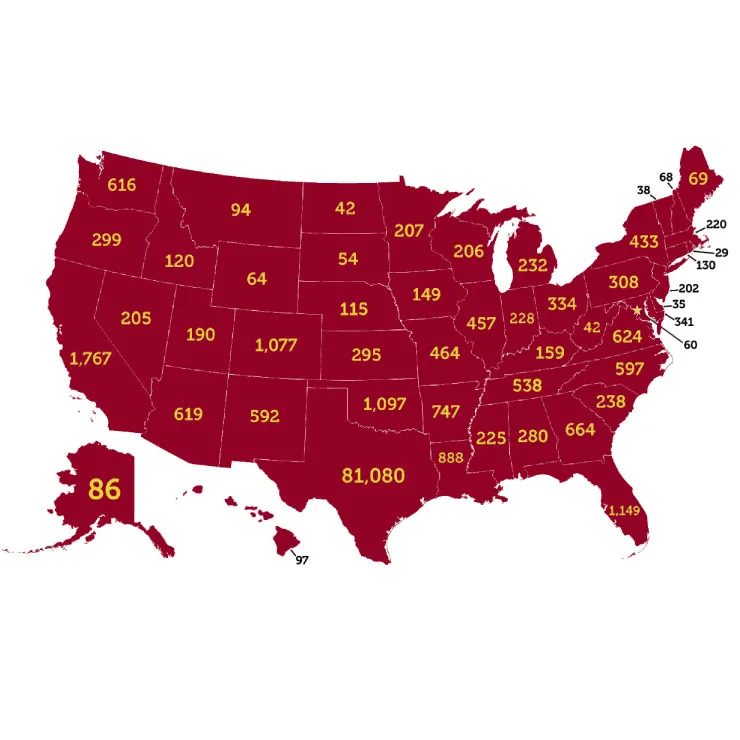United States map showing numbers of TWU alumni by state
