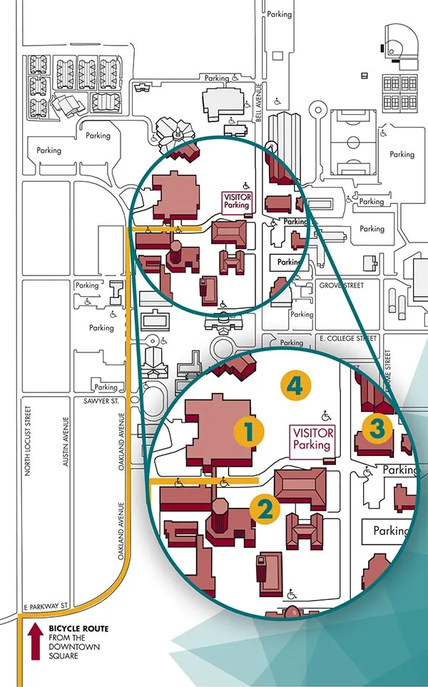 map of the denton campus showing the bike route from the downtown square to the event 