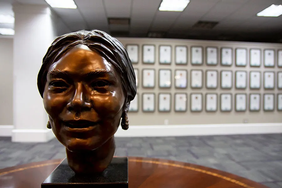 A bronze bust displayed in the Texas Women's Hall of Fame area