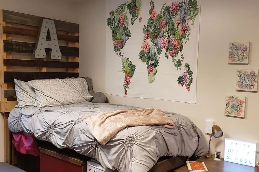 A cozy dorm room with nature and travel inspired decor.