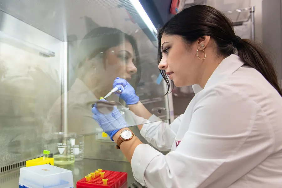 TWU biology doctoral student Erica Garcia working in the lab. 