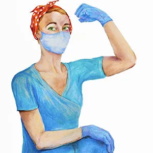 Marysia Schultz artwork depicting a healthcare worker posing like Rosie the Riveter