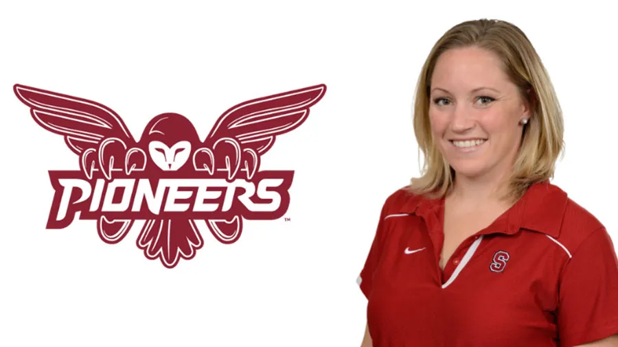 New TWU coach Sara Lilly next to the Pioneers logo