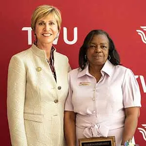 Chancellor Carine M. Feyten with assistant director of Housing & Dining Tonya Gilbeaux