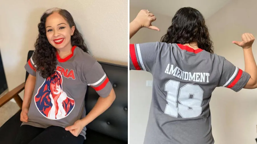 TWUTerry Scholar Olivia Arratia wears a shirt with Tejano music star Selena on the front and the words 'Amendment 19' in football jersey style on the back.