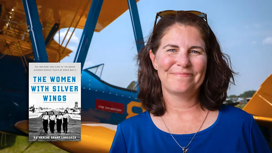TWU history professor Katherine Landdeck with an inset photo of the cover of her book The Women With Silver Wings.