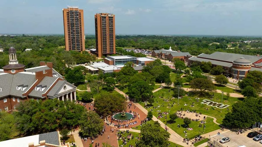 An aerial view of the Texas Woman's University Denton campus