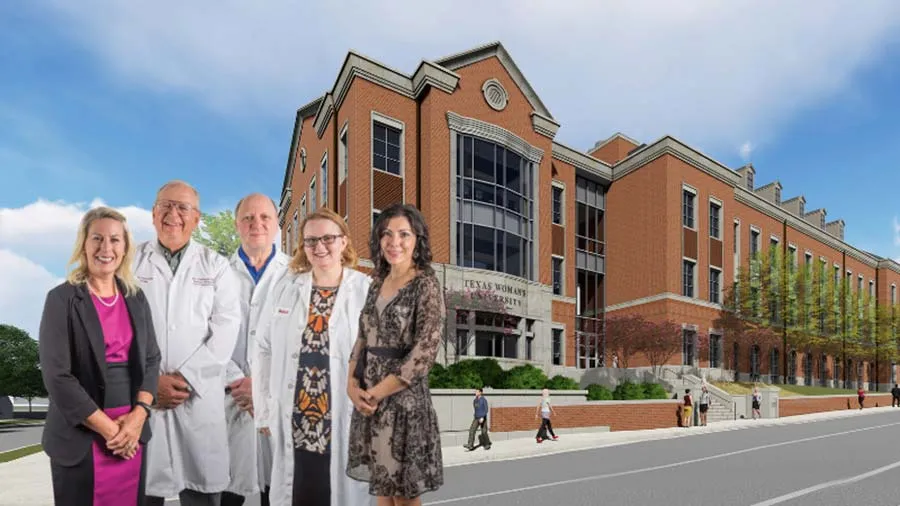 From left, Drs. Juliet Spencer, Nathaniel Mills, Michael Bergel, Catalina Pislariu and Stephanie Pierce stand in front of TWU's new Scientific Research Commons building