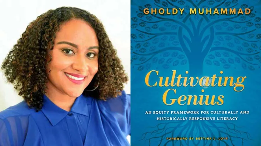 A photo of Dr. Gholnecsar (Gholdy) Muhammad next to the cover of her book 'Cultivating Genius'