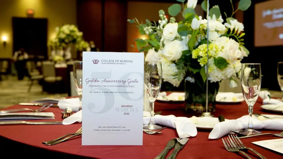 A table setting at the TWU College of Nursing's Golden Anniversary Gala