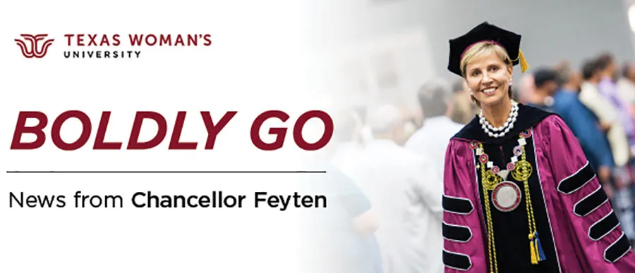 Boldly Go, news from Chancellor Feyten masthead image showing the chancellor wearing commencement regalia cap, gown and seal