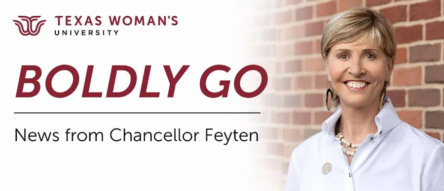Boldly Go, news from Chancellor Feyten masthead with Chancellor Feyten in a white blouse with a TWU pin