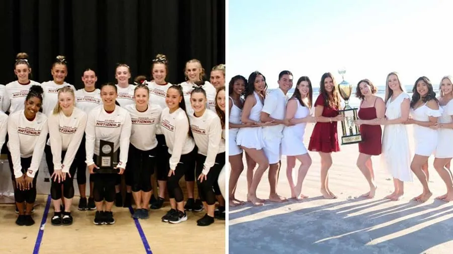 Group photos of TWU's gymnastics and dance teams with their awards