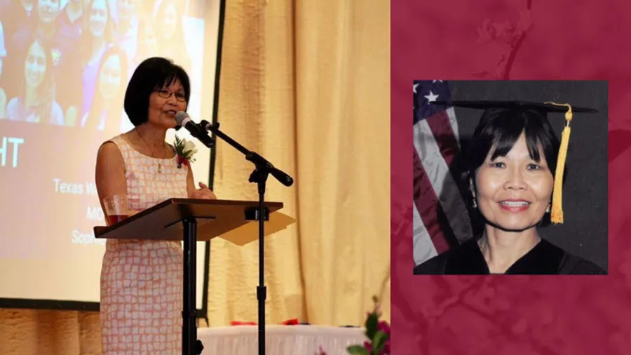 Images of Sophie Rydin, standing at a podium and also in graduation regalia