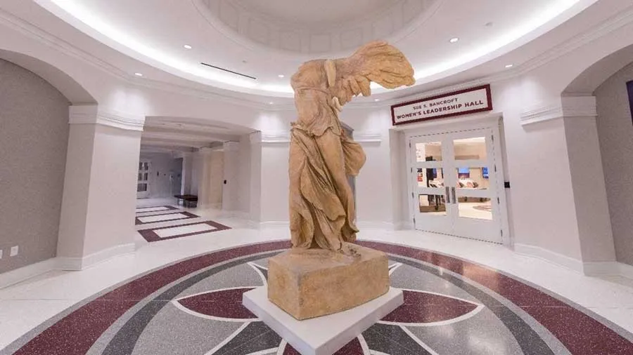 The Winged Victory statue in the lobby of the Jane Nelson Institute for Women’s Leadership