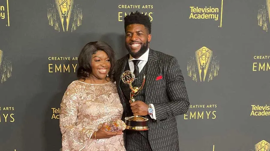 Christine Acho and her son Emmanuel on the red carpet at the 2021 Creative Arts Emmy Awards