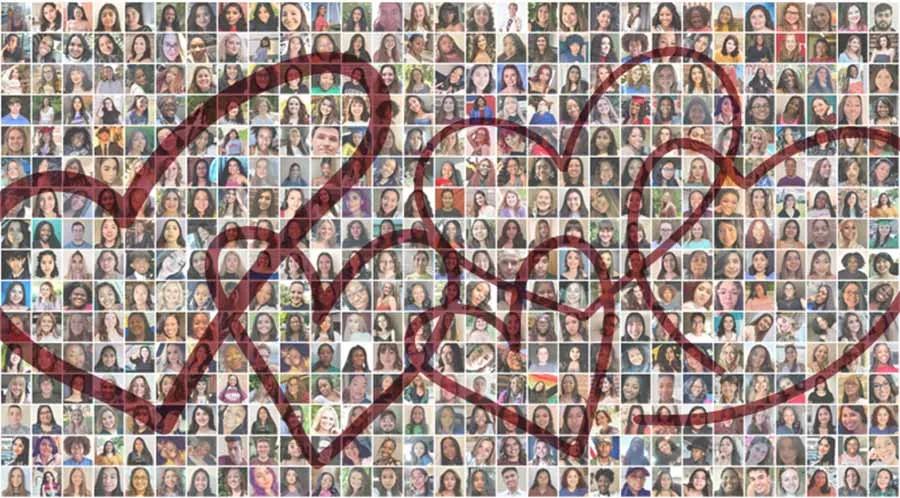 a composite image of TWU students as a background, with hearts drawn over the top of them