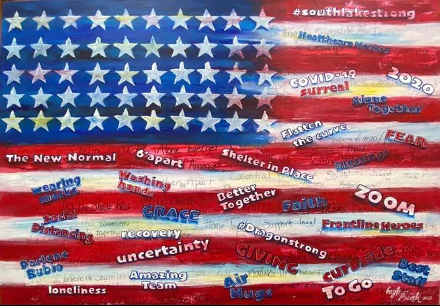a painting of the American flag with various words and phrases used to describe the COVID-19 pandemic