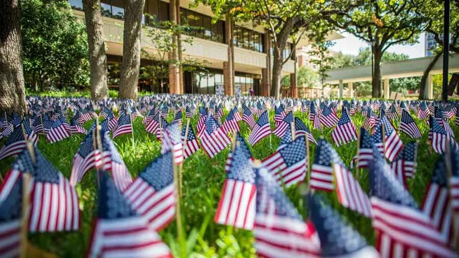 Tiny flags planted by TWU students within the Free Speech area to commemorate 9/11