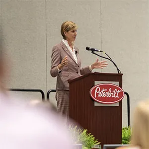Chancellor Carine Feyten speaks at the Annual Leadership Summit for the Peterbilt Women’s Initiative Network